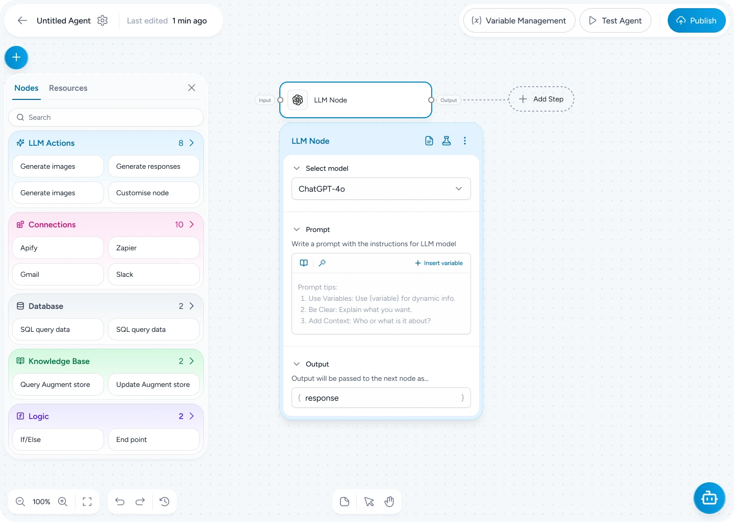 AI agent builder canvas interface 1